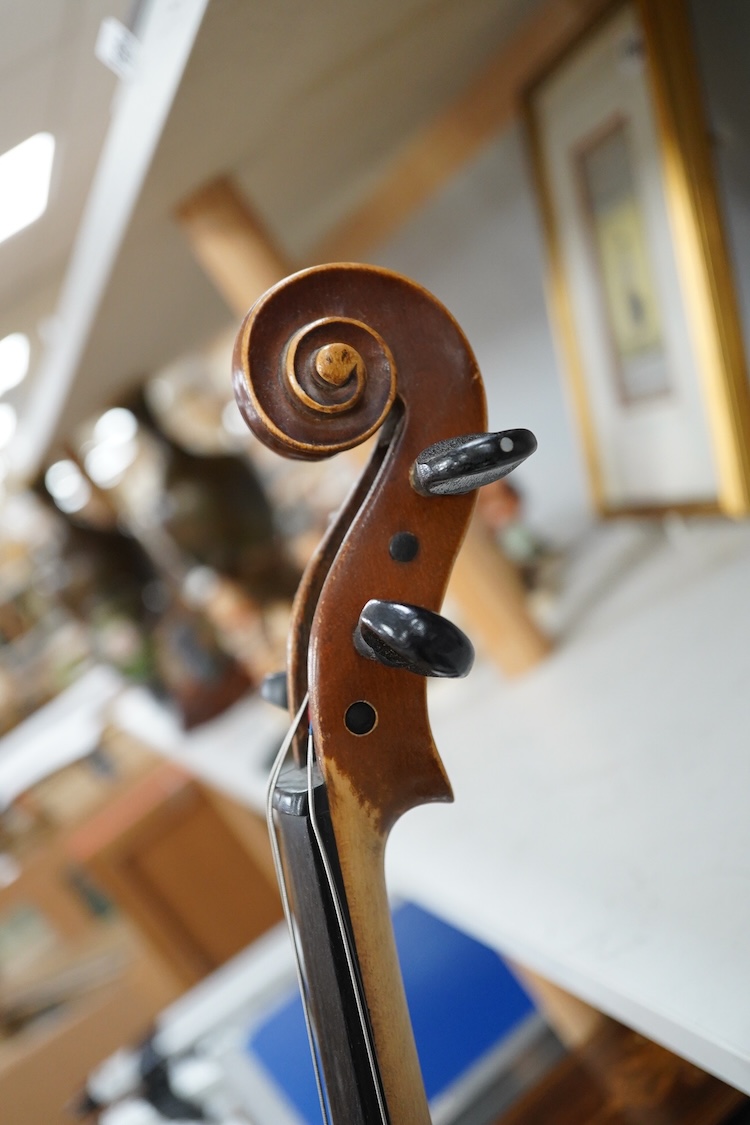 A mid 20th century cased Czech viola 15.25” body, with a fully mounted octagonal bow with plastic tip plate